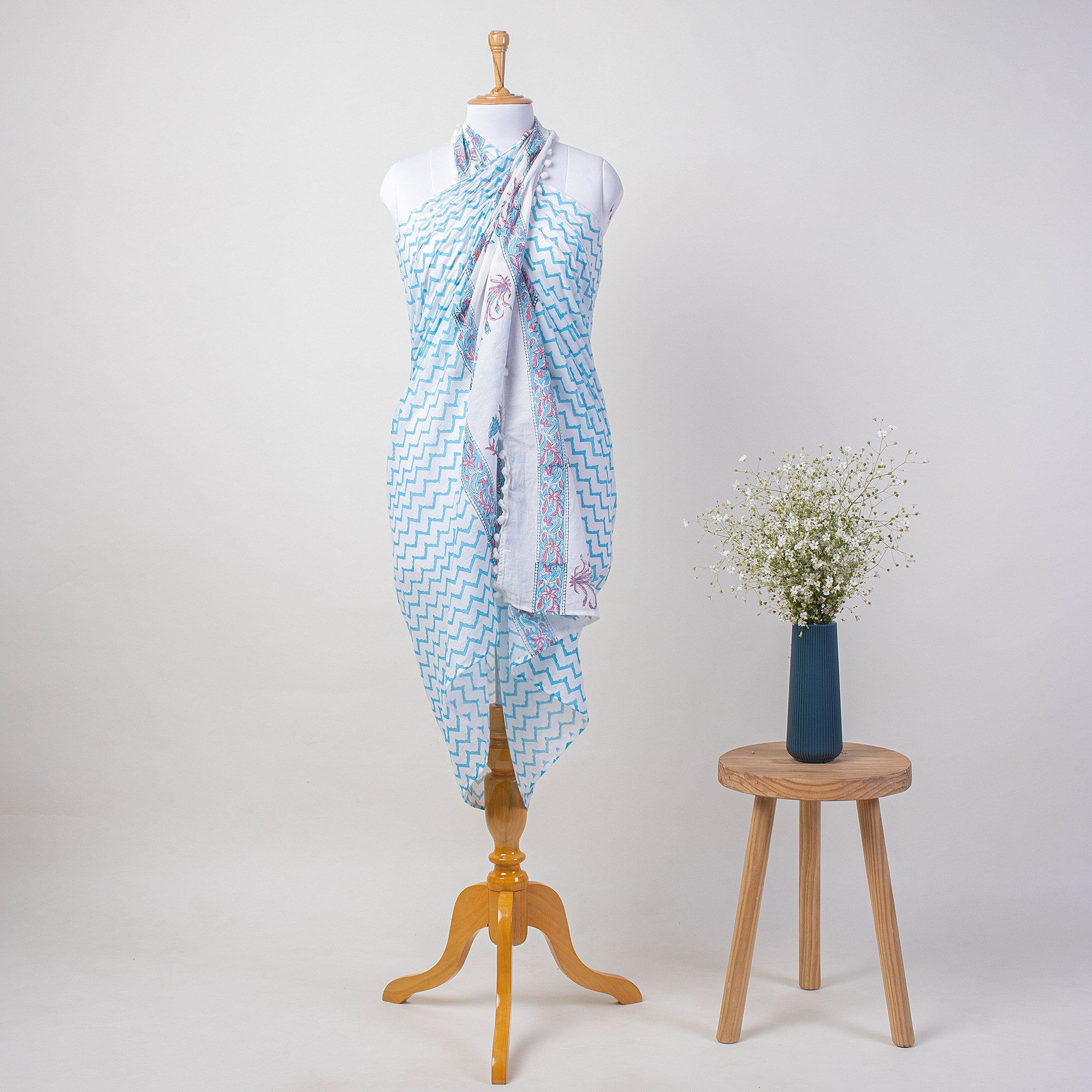 Sky Blue Wave Block Print Cotton Swim Cover Ups 631